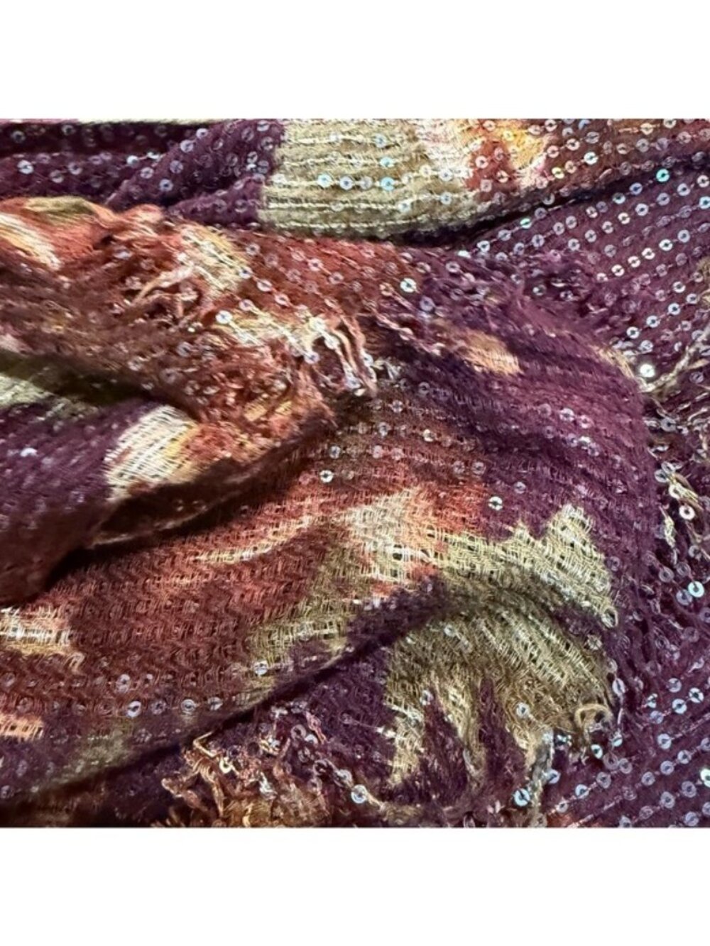 Lauren Ralph Lauren Sequin Scarf Burgundy Brown Abstract Lightweight Wrap - Picture 7 of 8